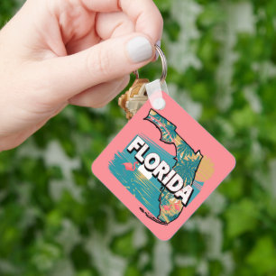 Retro Florida Silhouette Square Key Ring
