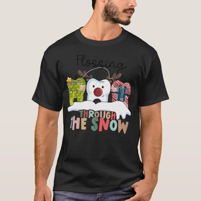 Retro Flossing Through The Snow Dental Christmas T T-Shirt (Front)