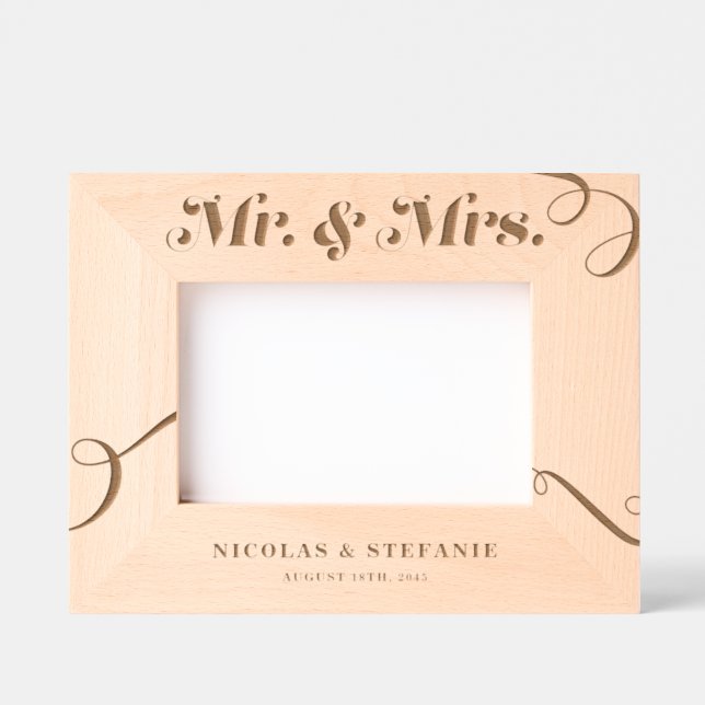 Retro Flourish Typography Mr. and Mrs. Wedding Etched Frames (Front)