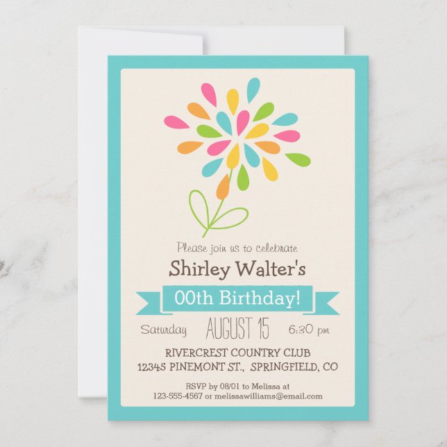Retro Flower Adult Birthday Party Invitation (Front)