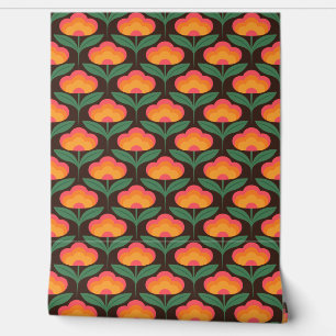 Retro flower Brighter colours on Brown Wallpaper