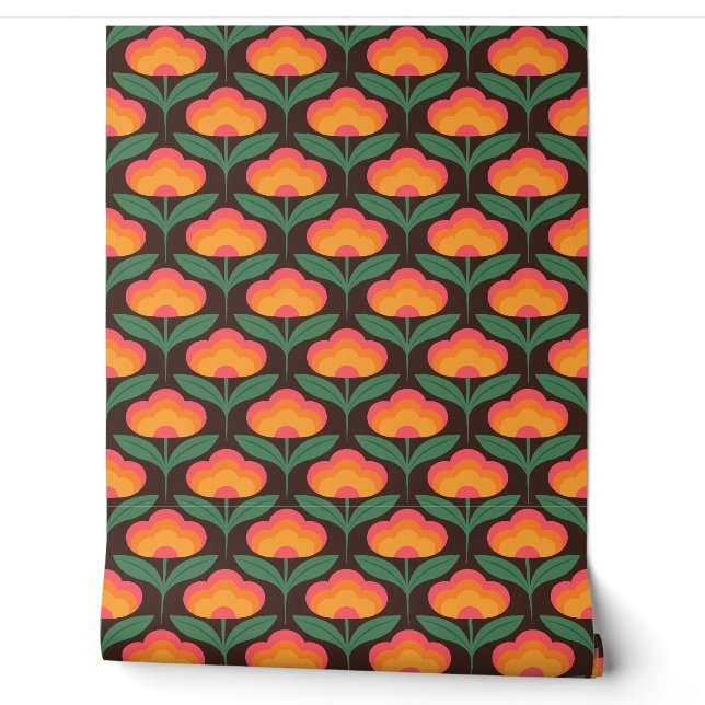 Retro flower Brighter colours on Brown Wallpaper (Unrolling)