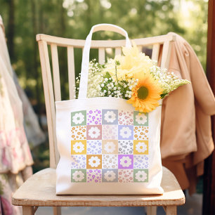 Retro Flower Checkered Tote Bag