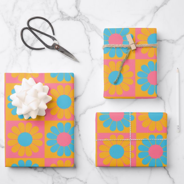 Retro Flower Chequerboard in Yellow and Blue Wrapping Paper Sheet (Front)