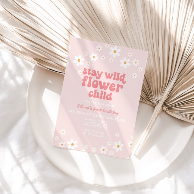 Retro flower childdaisy boho floral first birthday invitation (Creator Uploaded)