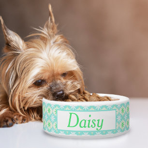 Retro Flower & Daisy Hourglass Pattern Pet Name Bowl