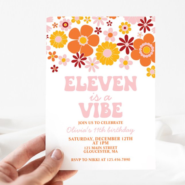 Retro Flower ELEVEN is a Vibe 11th Birthday Invitation (Creator Uploaded)