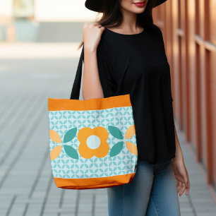 Retro Flower, Geo Pattern Aqua, Orange, Teal Tote Bag
