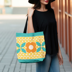 Retro Flower, Geo Pattern Orange, Teal, Pink Tote Bag