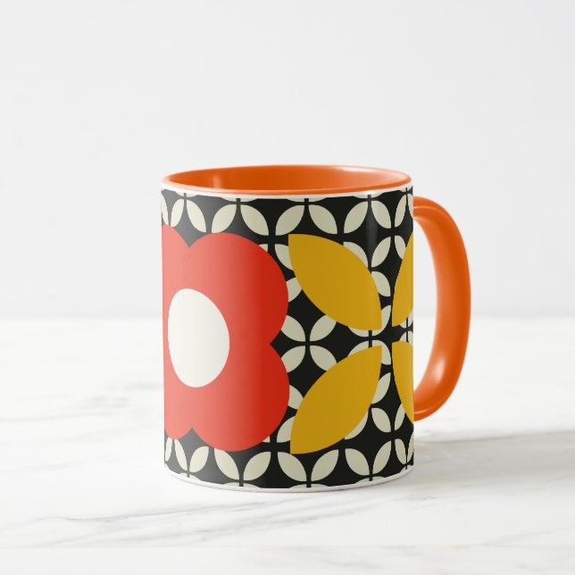 Retro Flower, Geo Pattern Red and Yellow Mug (Front Right)