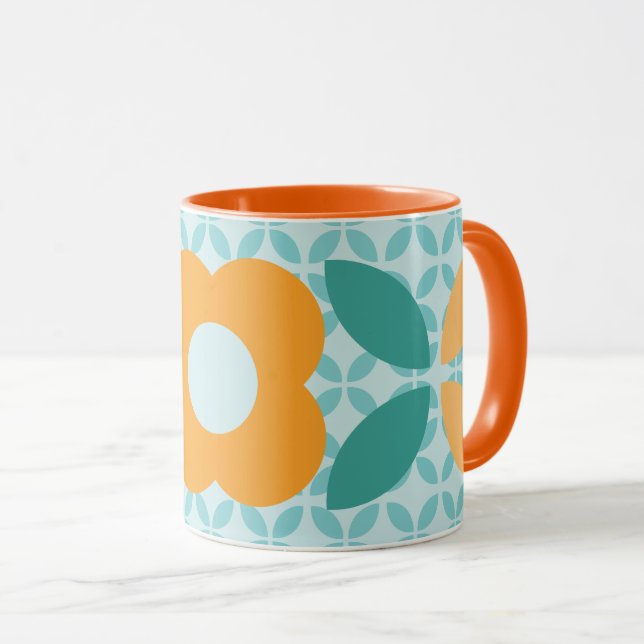Retro Flower Geometric Pattern Orange Teal Mug (Front Right)