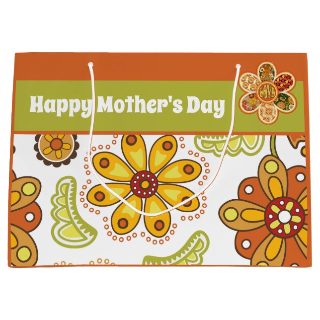 Retro Flower Green Orange Happy Mother's Day Large Gift Bag (Front)