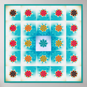 Retro Flower Grid Mid Century Stamp Motif Poster