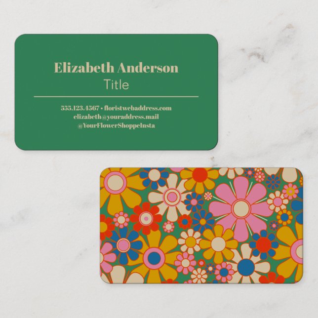 Retro Flower Groovy Colourful 60s Floral Business Card (Front/Back)