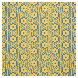 Retro Flower Hexagon Pattern - Yellow and Blue Fabric