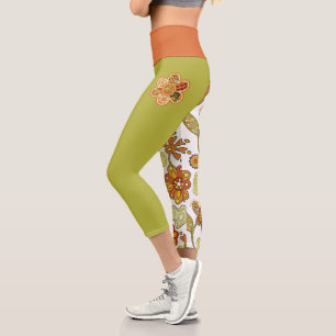 Retro Flower Hippie Orange Green Capri Leggings