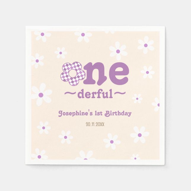 Retro Flower Isn't She Onedefrul 1st Birthday Napkin (Front)