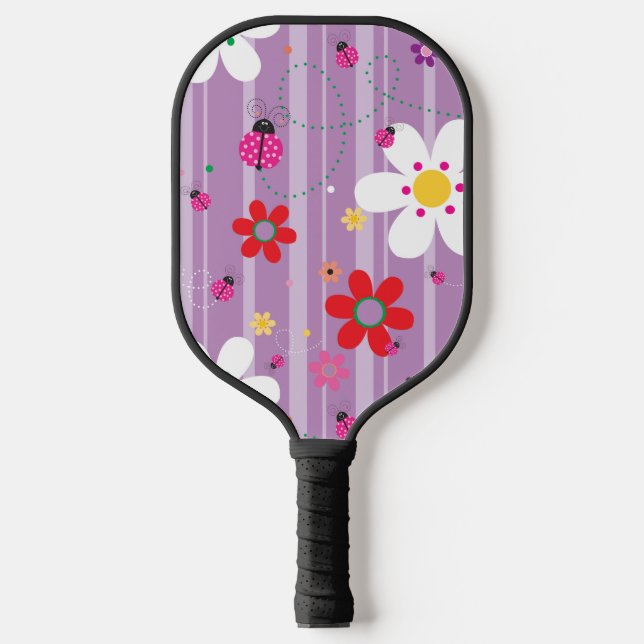 Retro Flower Ladybug 60's 70's Illustration Pickleball Paddle (Front)