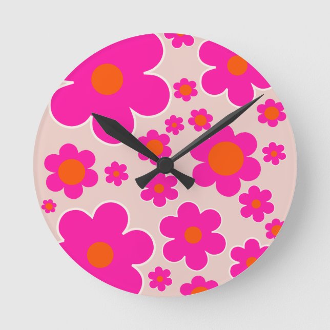 Retro Flower Market Florence Abstract Pink Floral Round Clock (Front)