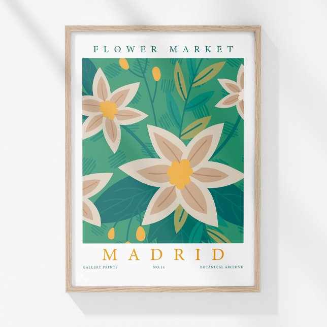 Retro Flower Market Madrid Colourful Floral Poster (Retro Flower Market Madrid Colorful Floral Poster in a wooden frame on a sunny white wall.)