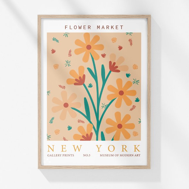 Retro Flower Market New York Orange Abstract  Poster (Retro Flower Market New York Orange Abstract Poster in a wooden frame on a sunny white wall.)