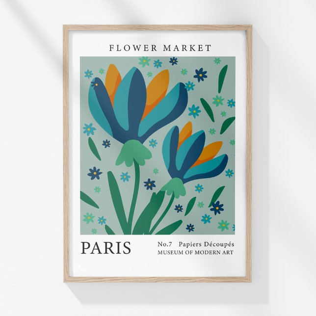 Retro Flower Market Paris Blue Orange Flowers Poster (Retro Flower Market Paris Blue Orange Flowers Poster in a wooden frame on a sunny white wall.)