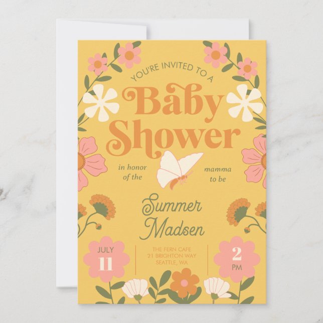 Retro Flower Mustard Yellow Baby Shower Invitation (Front)