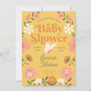 Retro Flower Mustard Yellow Baby Shower Invitation