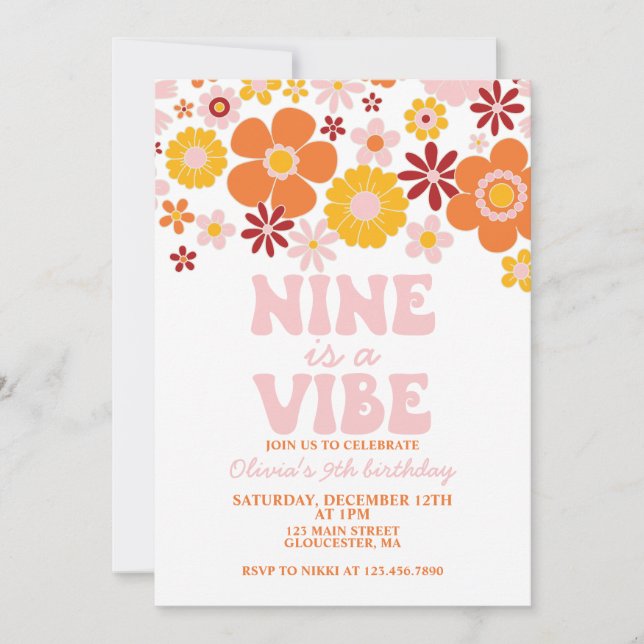 Retro Flower Nine is a Vibe 9th Birthday Invitation (Front)