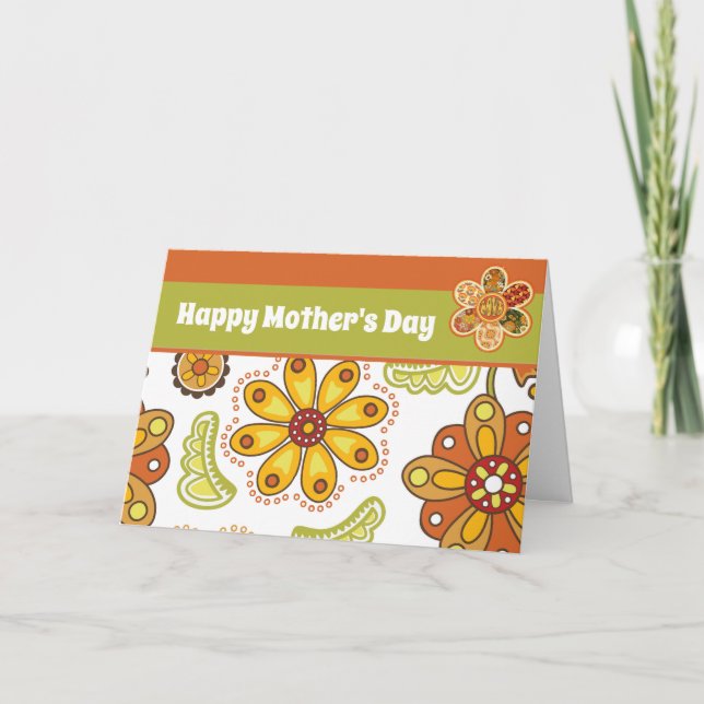 Retro Flower Orange Green Happy Mother's Day Card (Front)