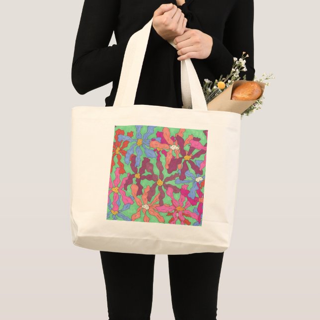 Retro Flower Pattern Boho Design Large Tote Bag (Front (Product))