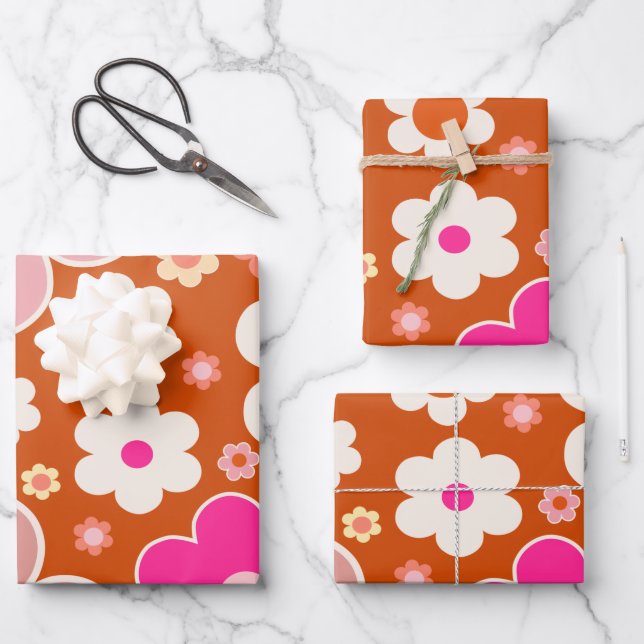 Retro Flower Pattern In Orange Peach Pink Floral Wrapping Paper Sheet (Front)