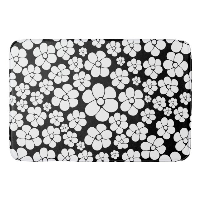 Retro Flower Pattern in White on Black Bath Mat (Front)