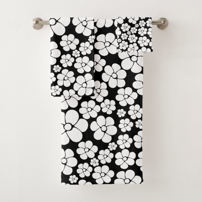Retro Flower Pattern in White on Black Bath Towel Set (Insitu)