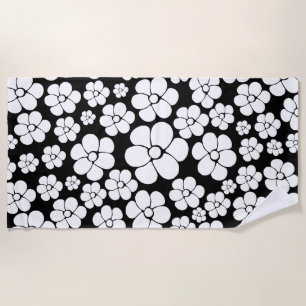 Retro Flower Pattern in White on Black Beach Towel