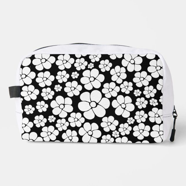 Retro Flower Pattern in White on Black Dopp Kit (Front)