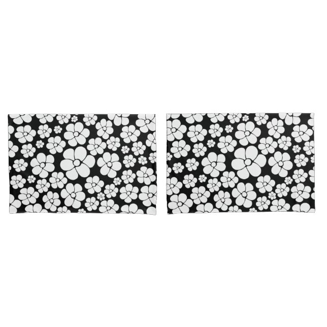 Retro Flower Pattern in White on Black Pillowcase (Front-Set)
