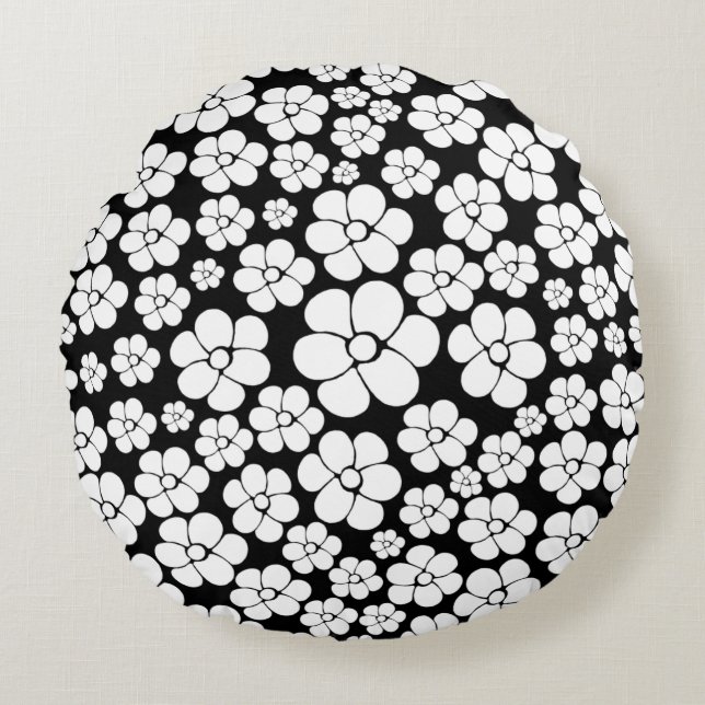 Retro Flower Pattern in White on Black Round Cushion (Front)