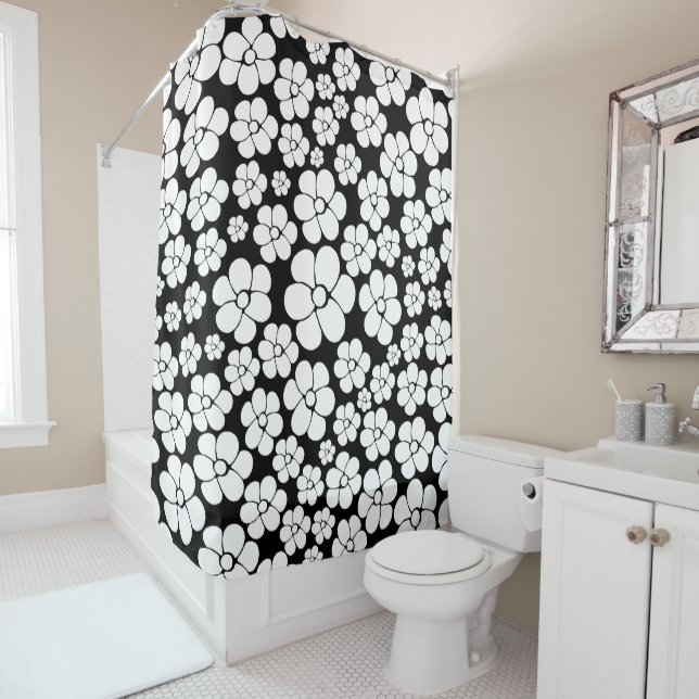 Retro Flower Pattern in White on Black Shower Curtain (In Situ)