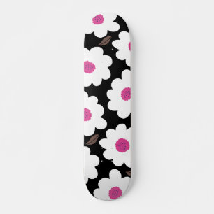 Retro Flower Pattern in White on Black Skateboard