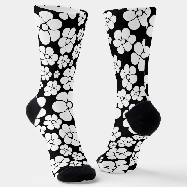Retro Flower Pattern in White on Black Socks (Angled)