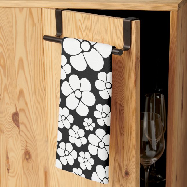 Retro Flower Pattern in White on Black Tea Towel (Thirds Fold)