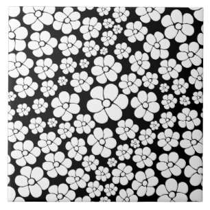 Retro Flower Pattern in White on Black Tile