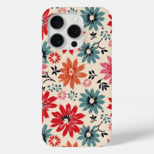 Retro Flower Pattern Red Orange Blue iPhone 15 Pro Case