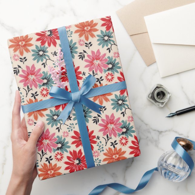 Retro Flower Pattern Red Orange Blue Wrapping Paper (Gifting)
