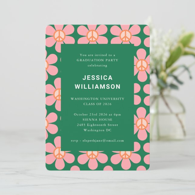 Retro Flower Peace Pink Green Graduation Party Invitation (Standing Front)