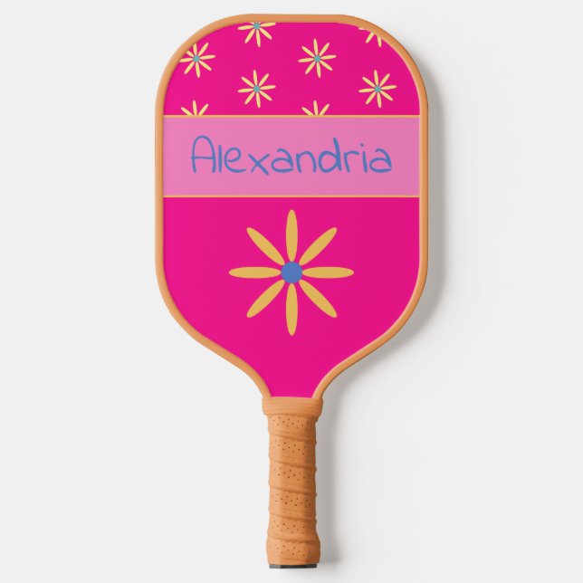 Retro Flower Personalised Name Hot Pink Pickleball Paddle (Front)