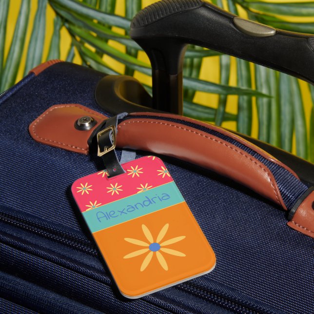 Retro Flower Personalised Name Luggage Tag (Front Insitu 1)