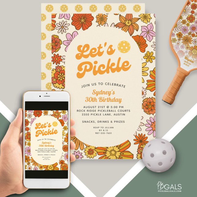 Retro Flower Power Pattern Pickleball Party  Invitation (Creator Uploaded)