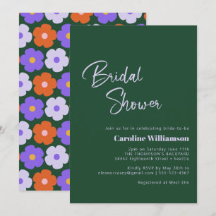 Retro Flower Purple Green Script Bridal Shower Invitation